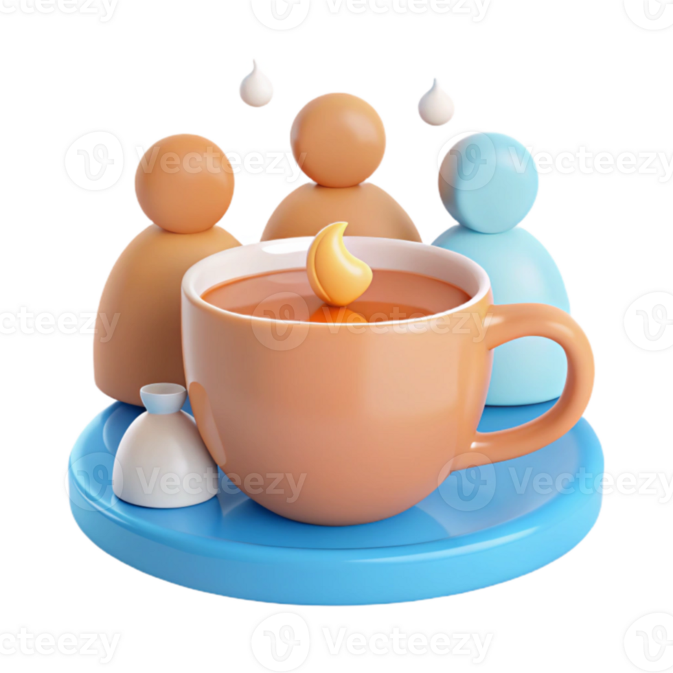 3D Render of Teacup with Three Characters Surrounding It png