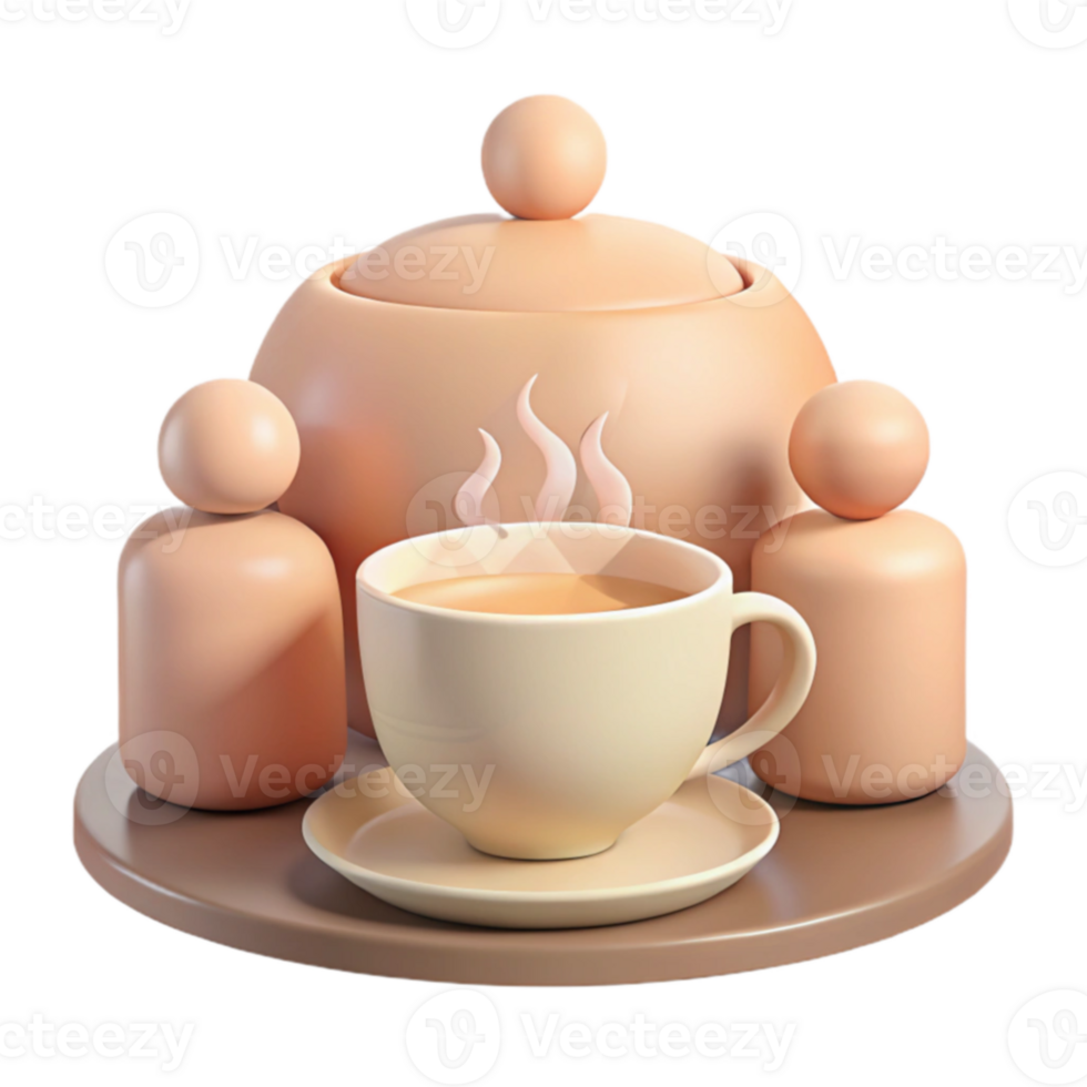 Steaming Cup of Tea with Teapot and Sugar png