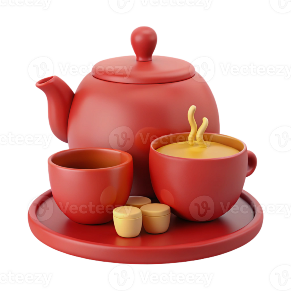 Red Teapot and Cups on a Tray png