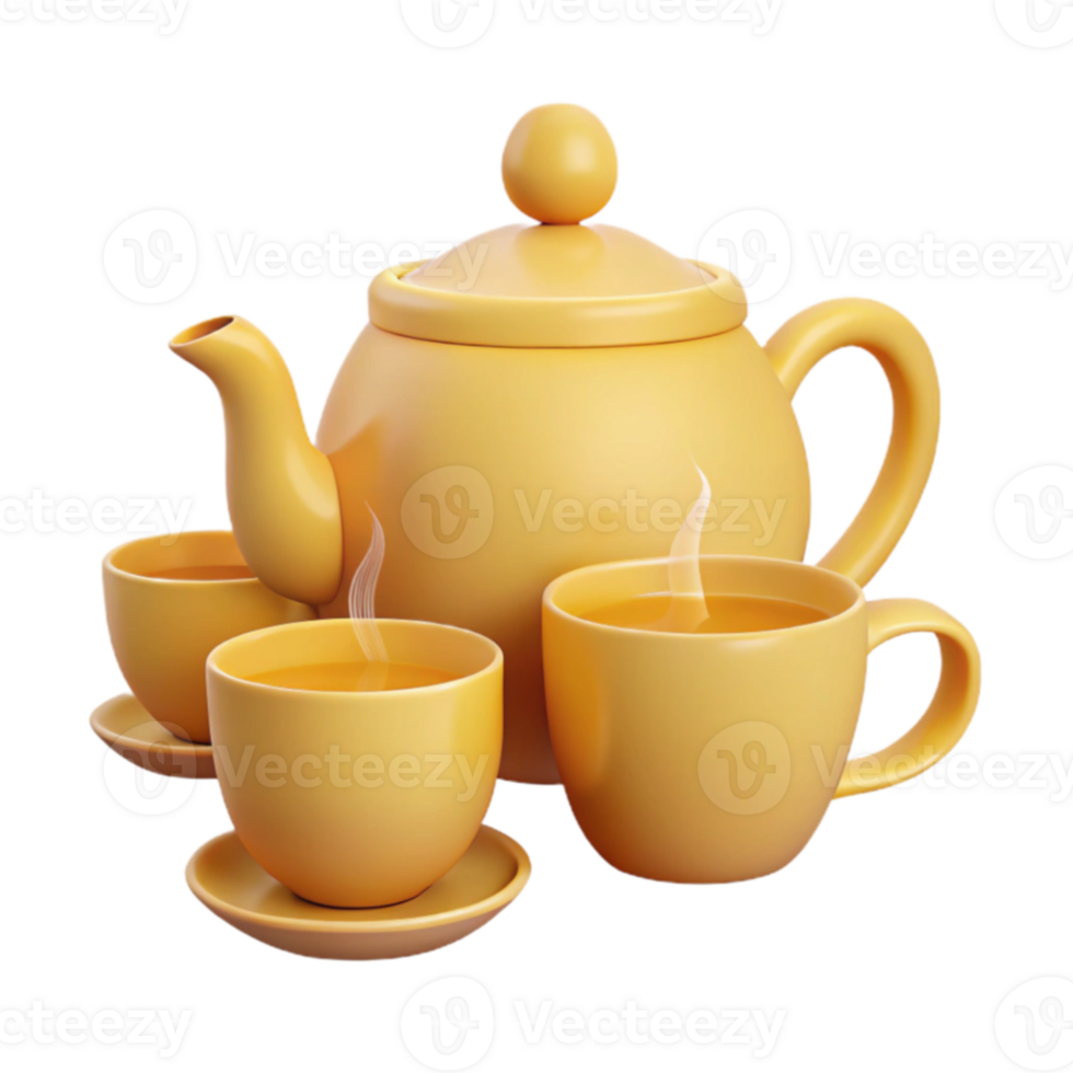 Yellow Teapot and Cups with Steam png