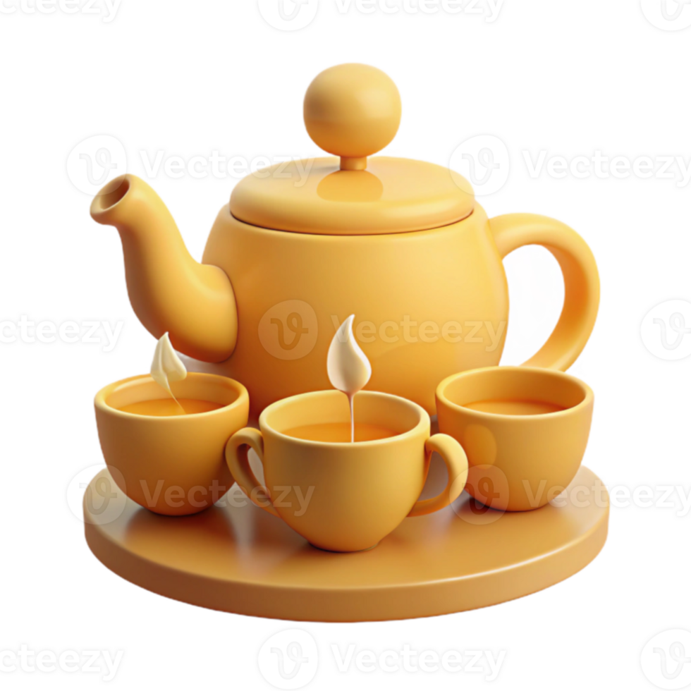 3D Render of Teapot and Teacups png
