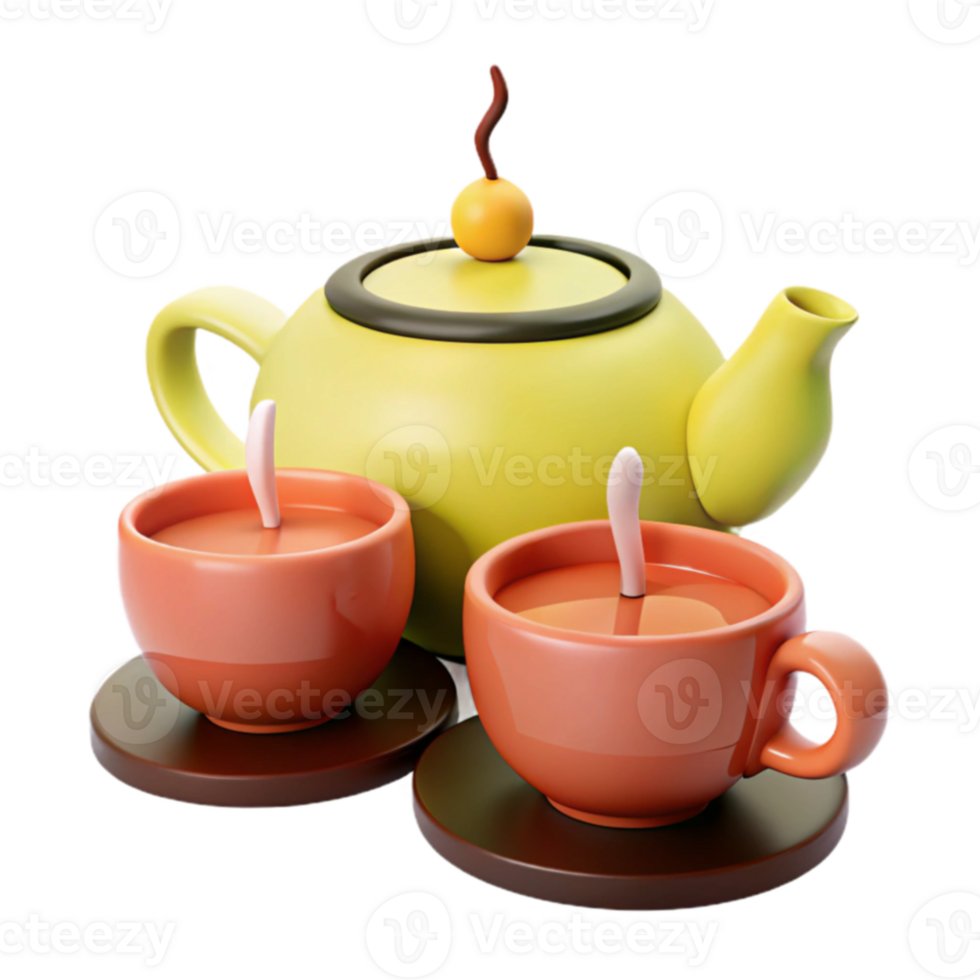 Yellow Teapot with Two Cups and Saucers png