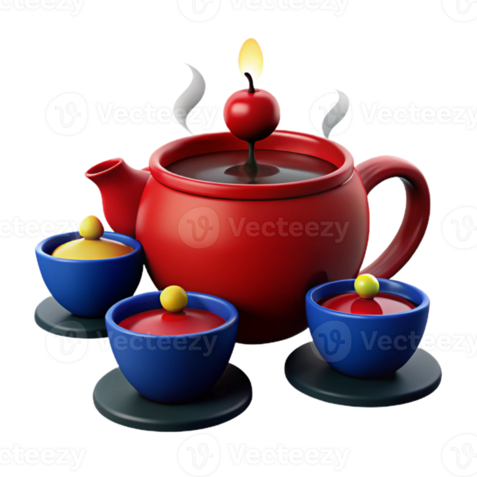 Red Teapot with Three Cups and a Candle on Top png