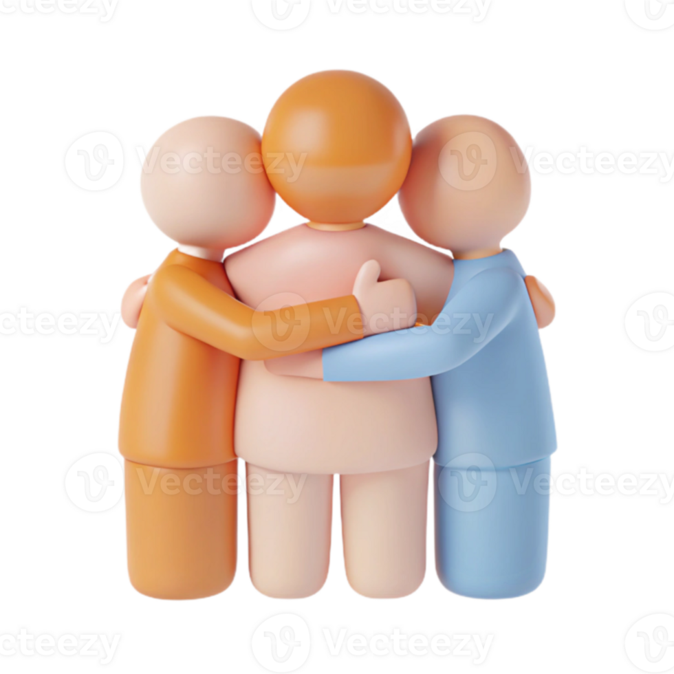 Group Hug Three 3D Characters Embracing Each Other png