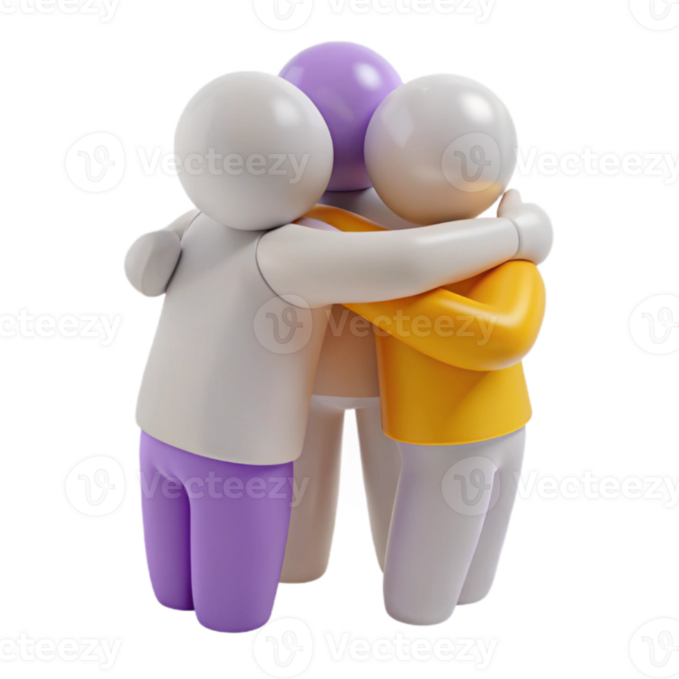 Three Friends Embracing in a Group Hug, Illustrating Unity and Support png