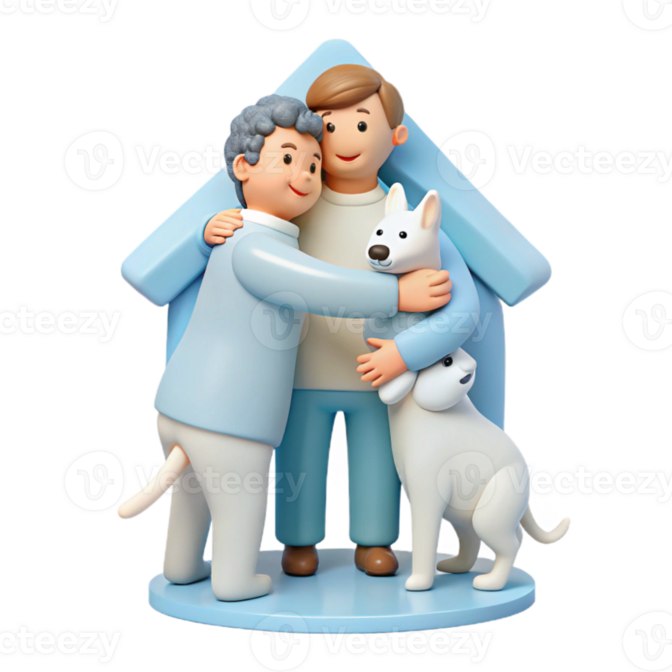 Couple Embracing with Dog in Front of House Illustration png
