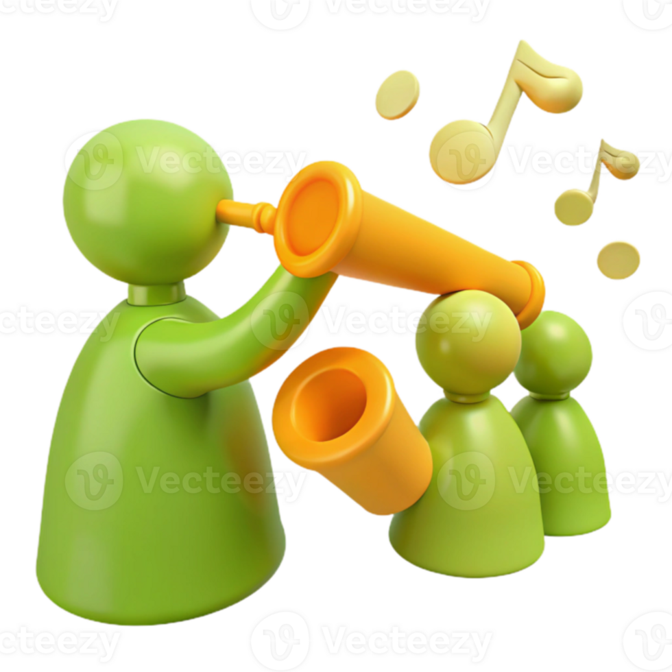 Announcing New Music with a 3D Illustration of a Character Playing a Trumpet png