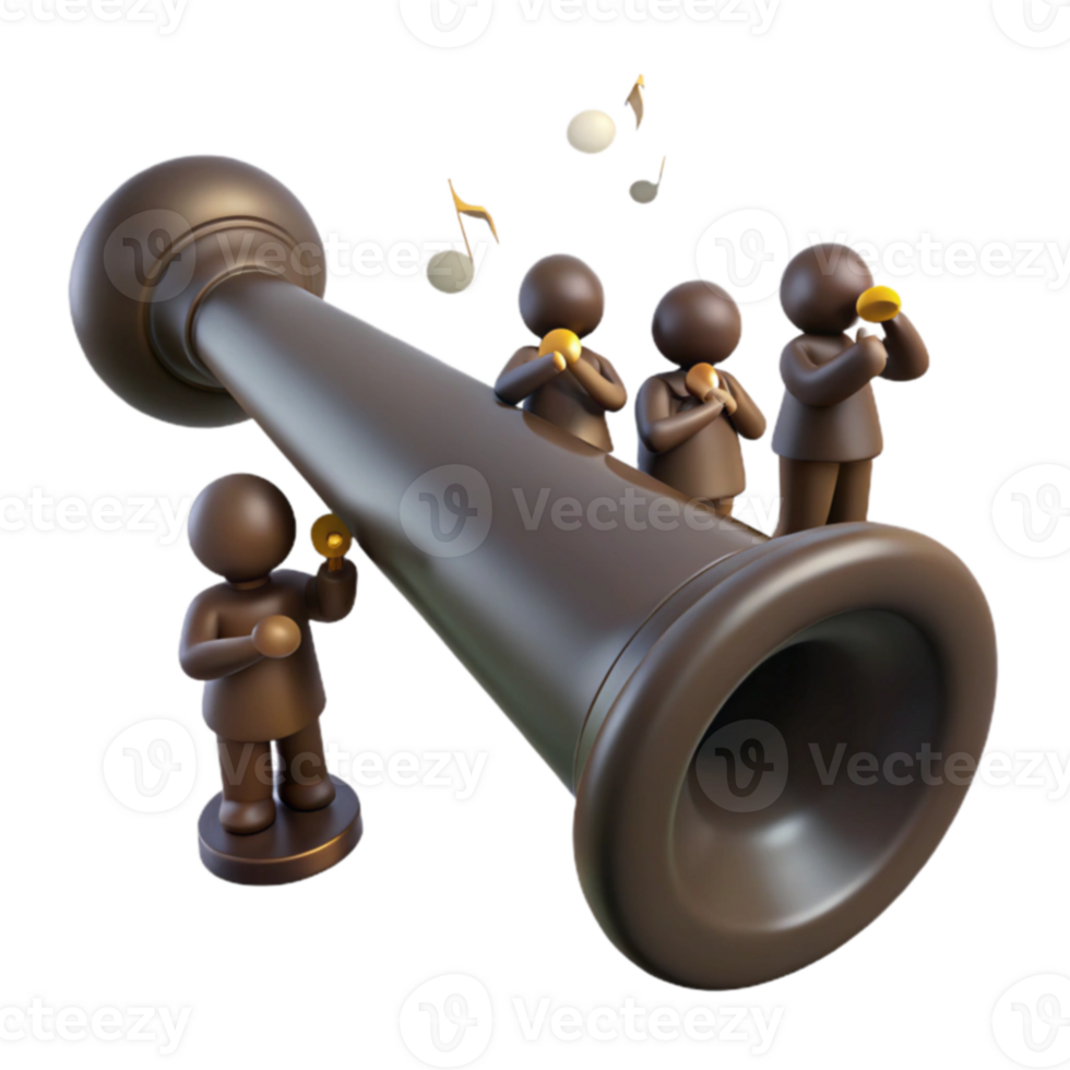 Group of 3D Figures Playing Music from a Giant Horn png