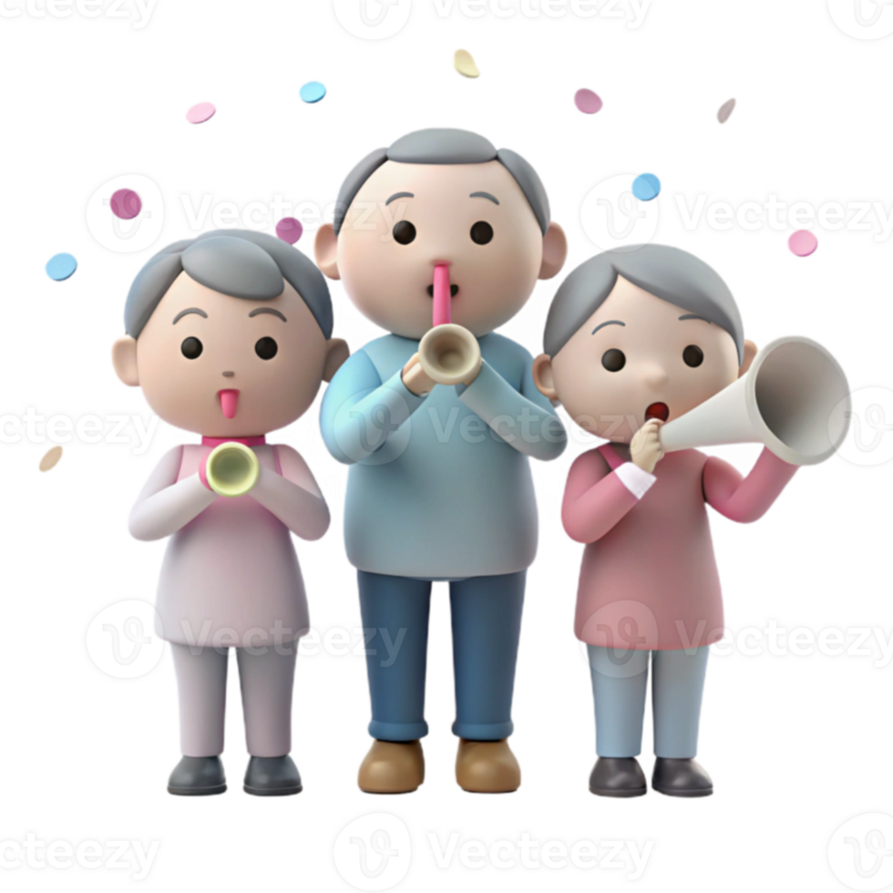 Three Cartoon Characters Celebrate with Party Favors png