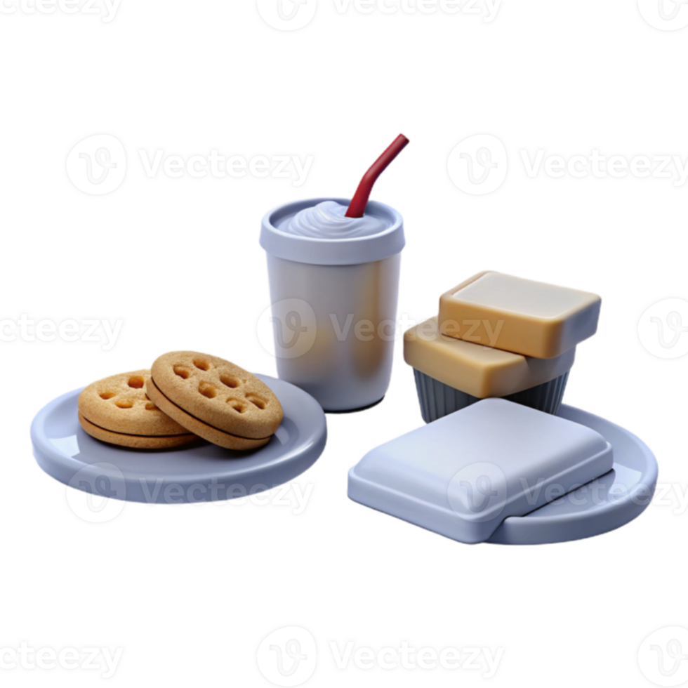 3D Rendered Snack Food Items on Plates png