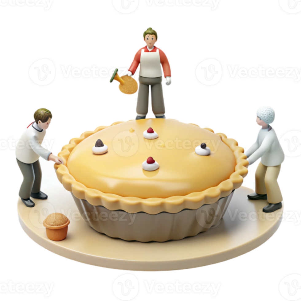 Three Miniature Figures Admire a Giant Pie png
