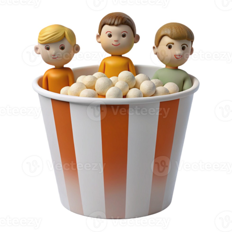 Three Cartoon Characters Enjoying Popcorn in a Striped Bucket png