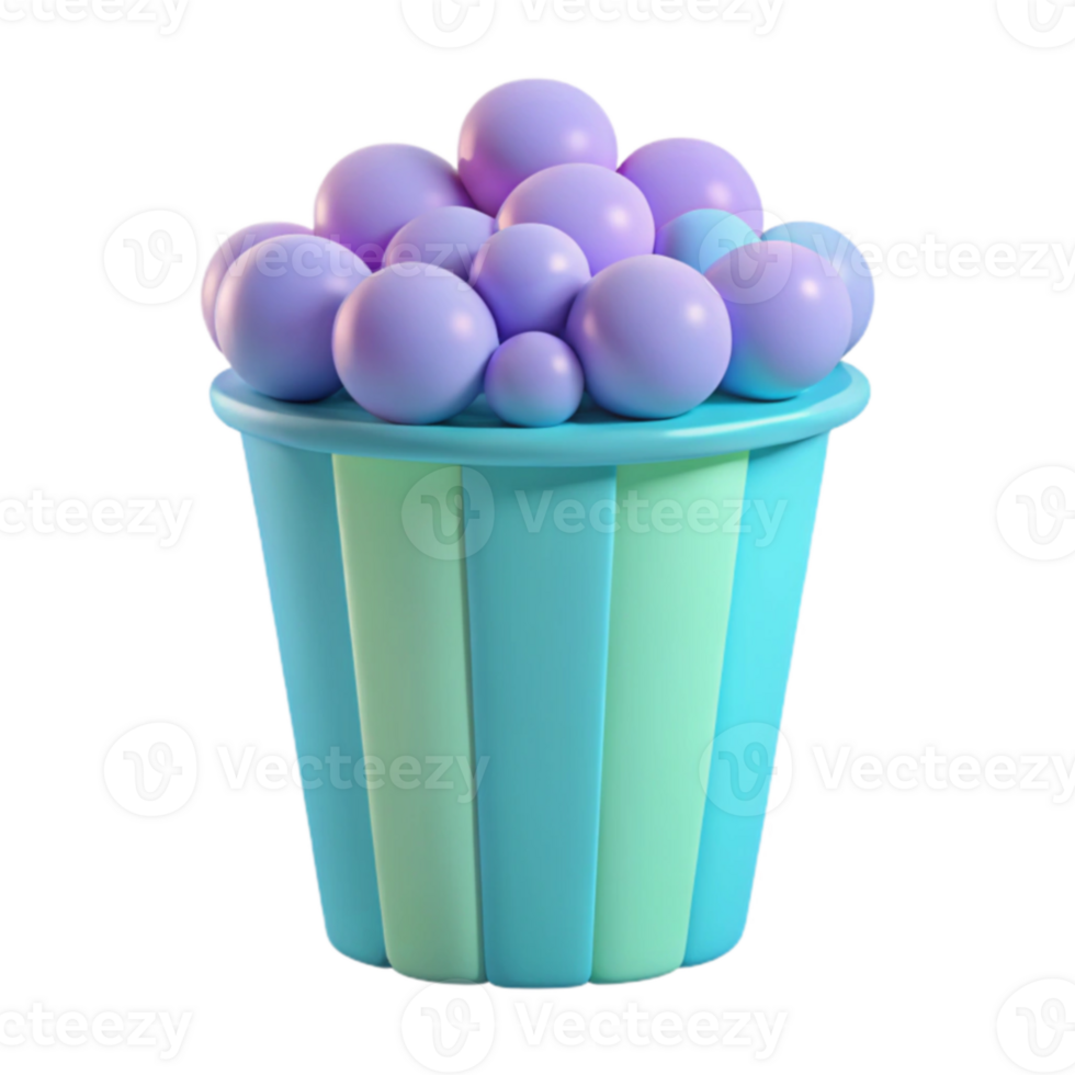 3D Rendered Illustration of Blue and Green Striped Popcorn Bucket with Purple Popcorn png