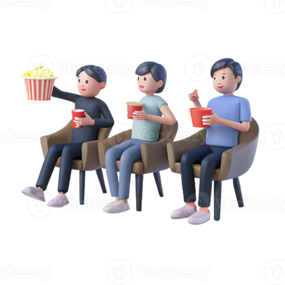 3D Cartoon Characters Enjoying Snacks at the Cinema png