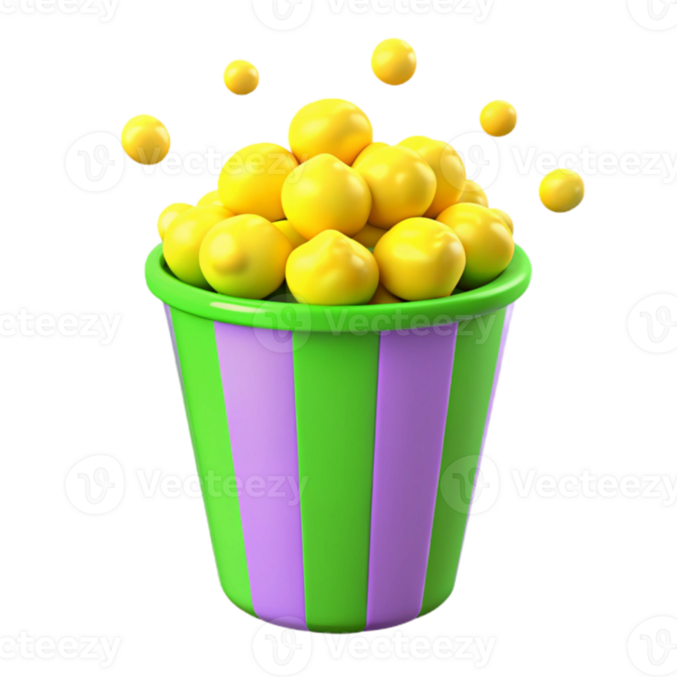 3D Render of a Green and Purple Striped Popcorn Bucket with Yellow Popcorn png