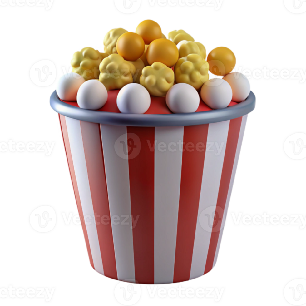 Red and White Striped Popcorn Bucket with Yellow and White Popcorn png