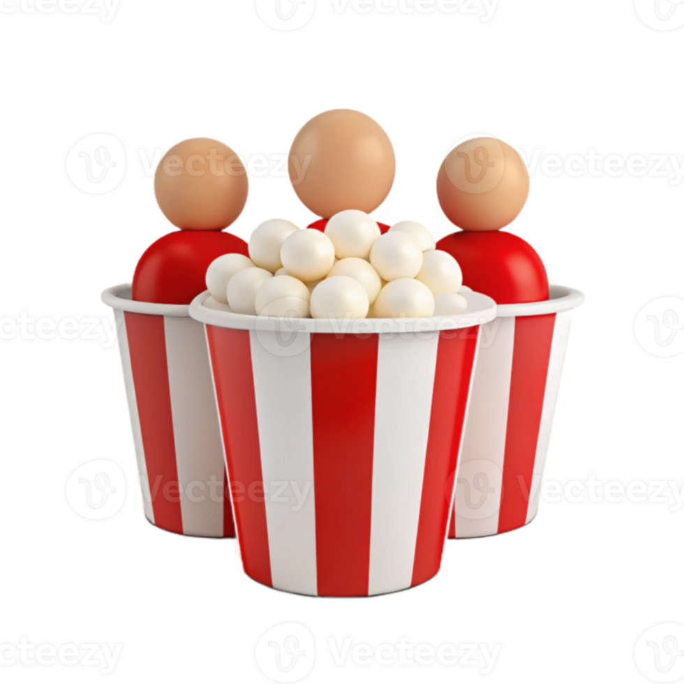 Three Red and White Striped Buckets Filled with Popcorn png
