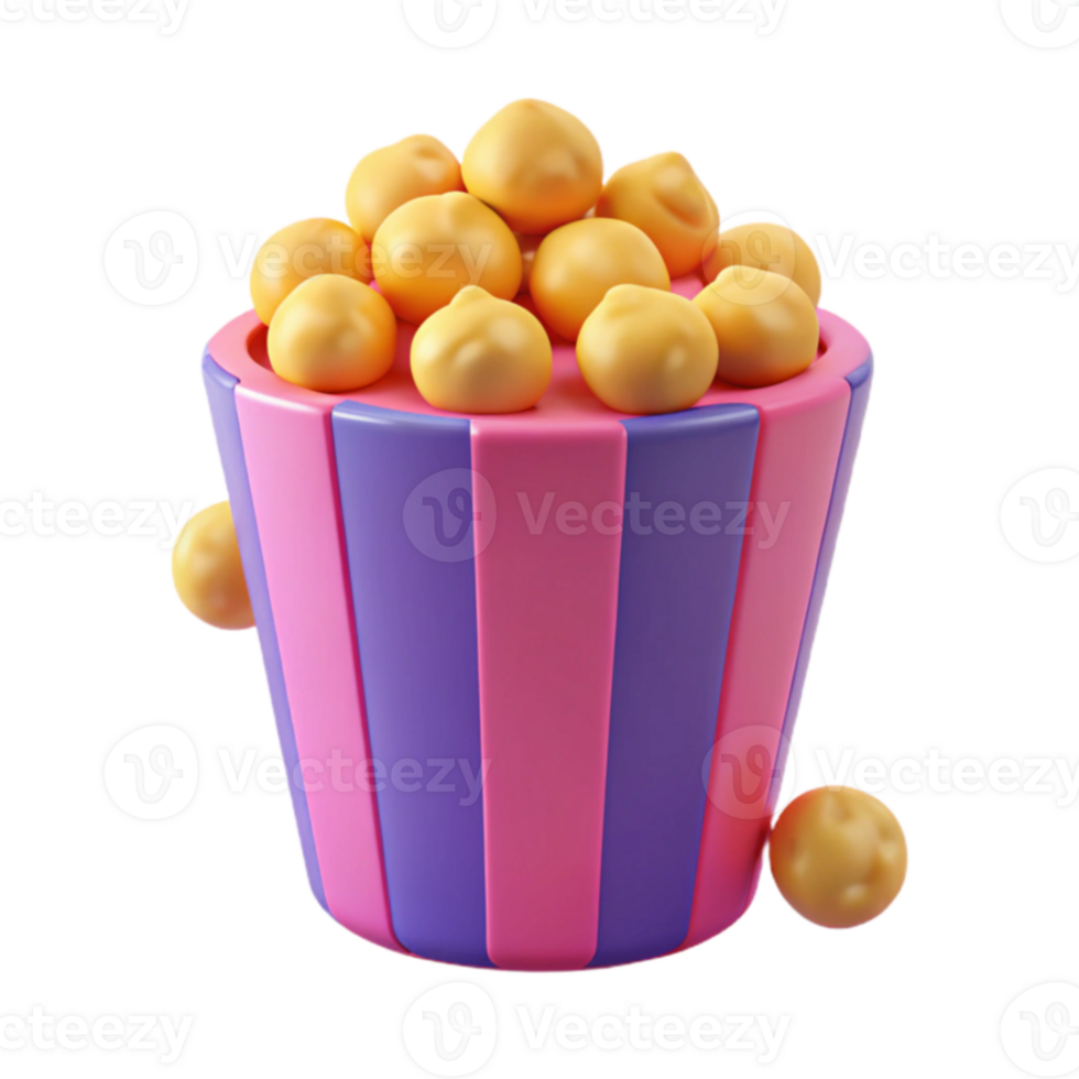 3D Render of Popcorn in a Striped Bucket png
