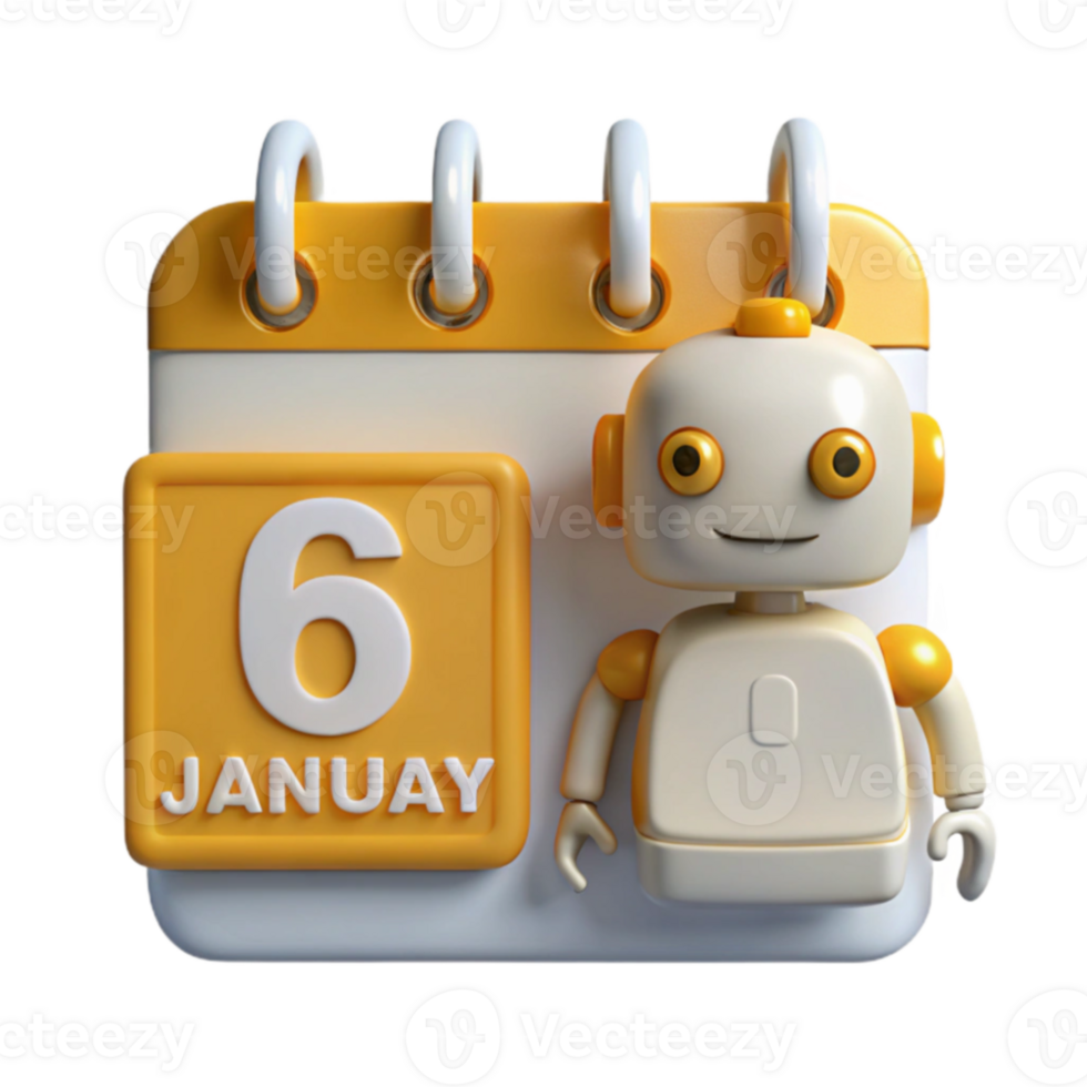 Robot Character on a Calendar with 6th January Date png