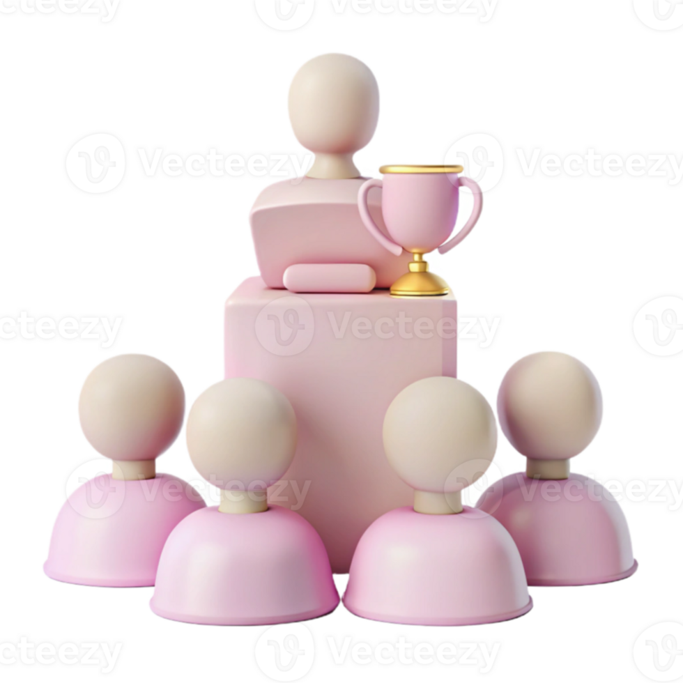 3D Rendering of a Winner Holding a Trophy on a Podium Surrounded by Others png
