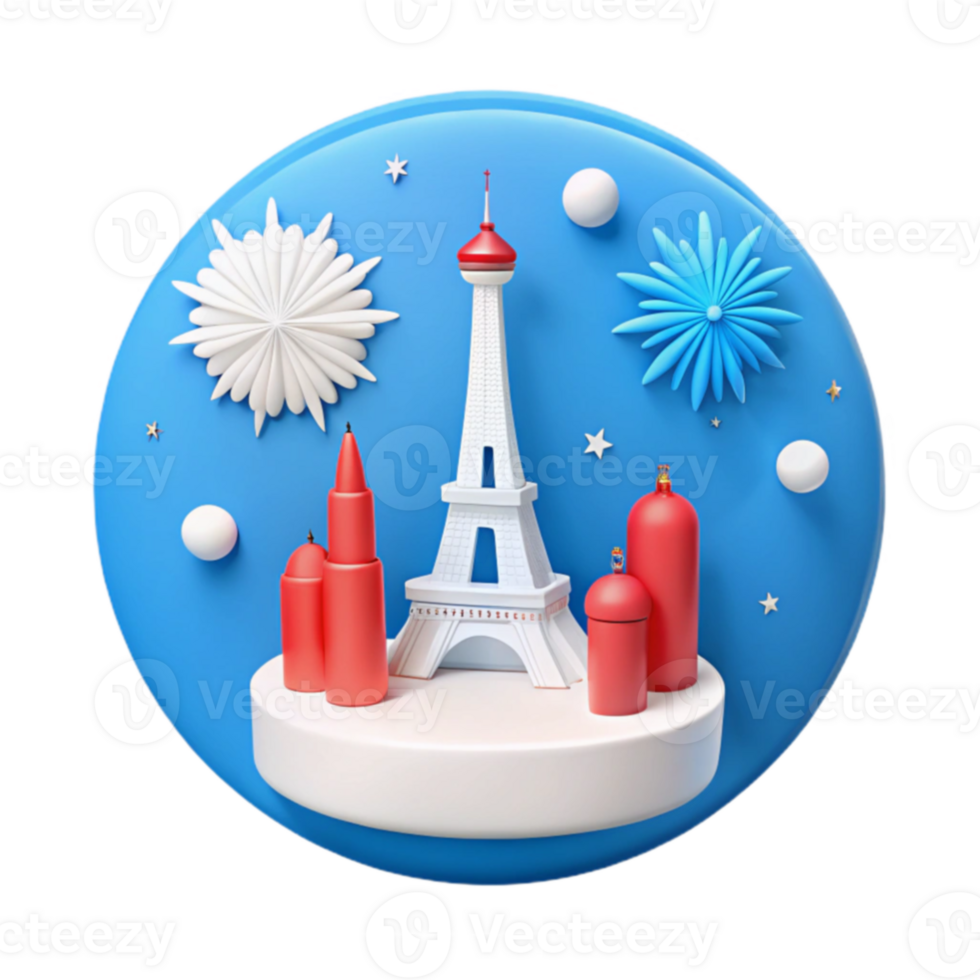 3D Eiffel Tower with Fireworks and Stars on a Blue Background png