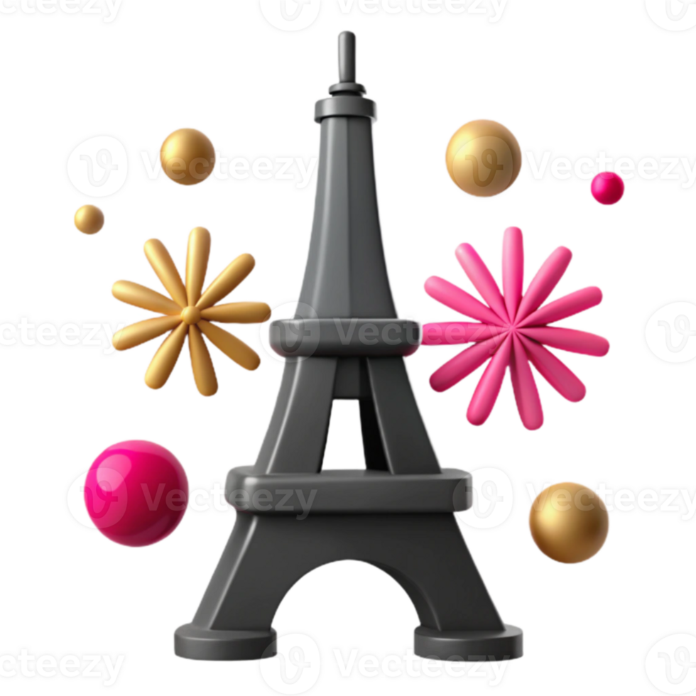3d rendido eiffel torre com colorida esferas e estrelas png