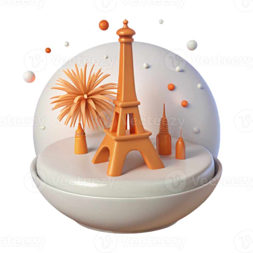 3D Render of an Orange Eiffel Tower and Palm Tree on a White Sphere png