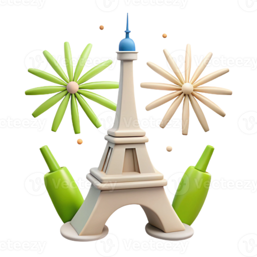3D Eiffel Tower with Fireworks Illustration png