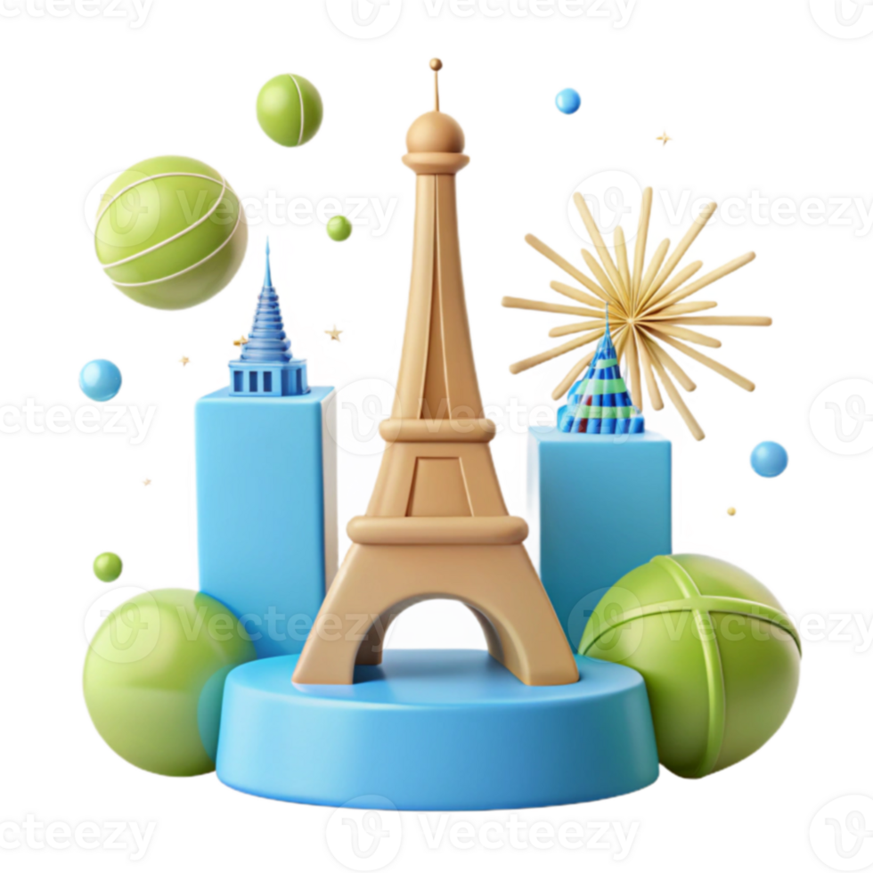 3D Render of Eiffel Tower with Fireworks and Balloons png