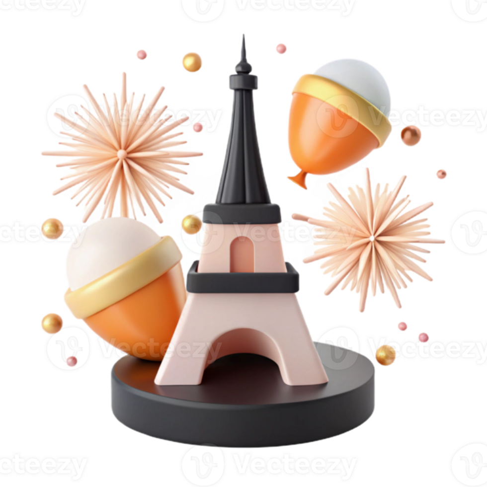 3D Render of a Pink Eiffel Tower with Balloons and Confetti png