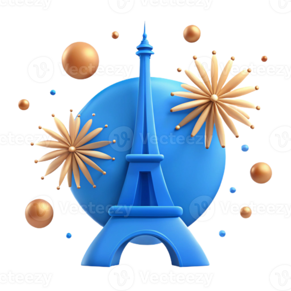 3D Eiffel Tower Illustration with Fireworks png