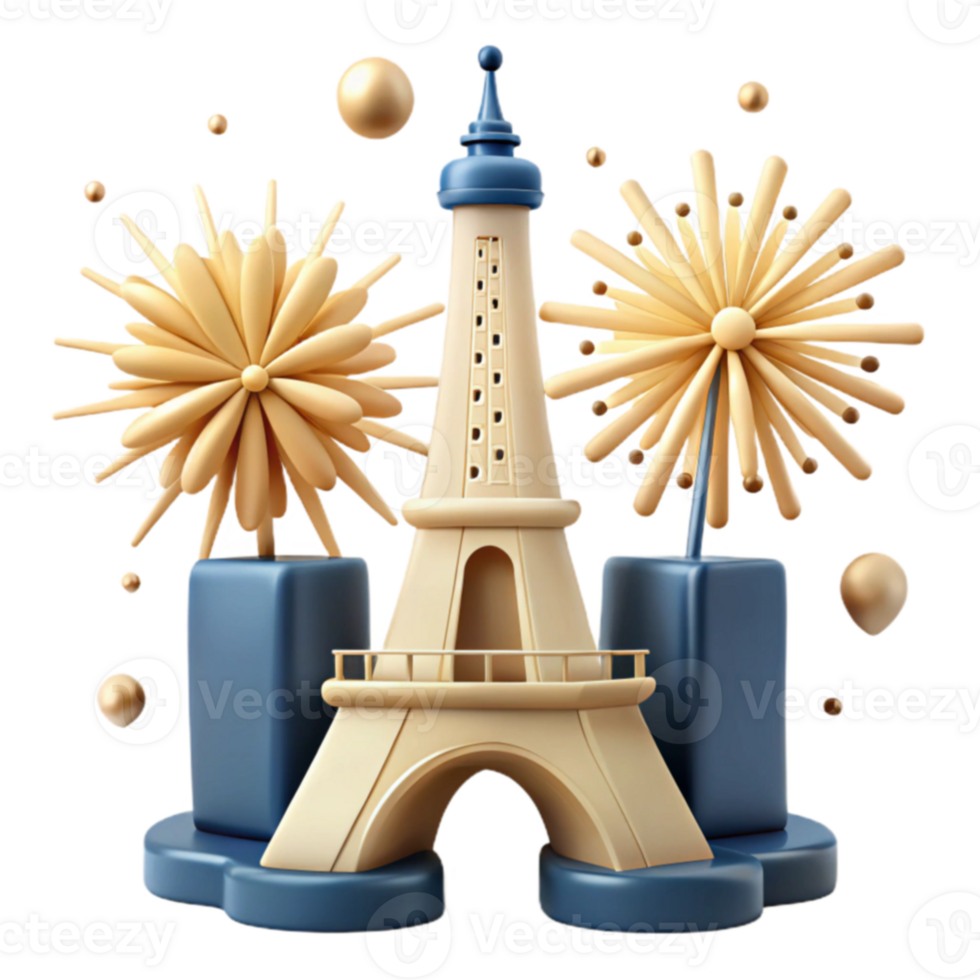 3D Render of Eiffel Tower with Fireworks png
