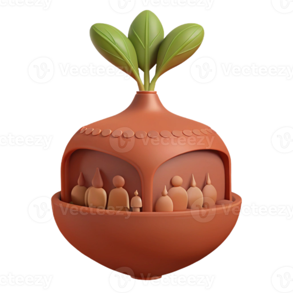 3D Render of a Clay-Like Structure with a Sprout on Top and Figures Inside png