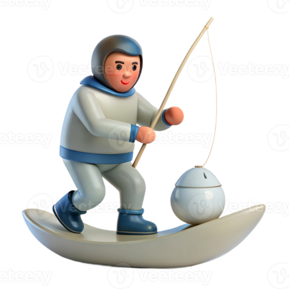3D Cartoon Illustration of a Fisherman on a Crescent Moon png