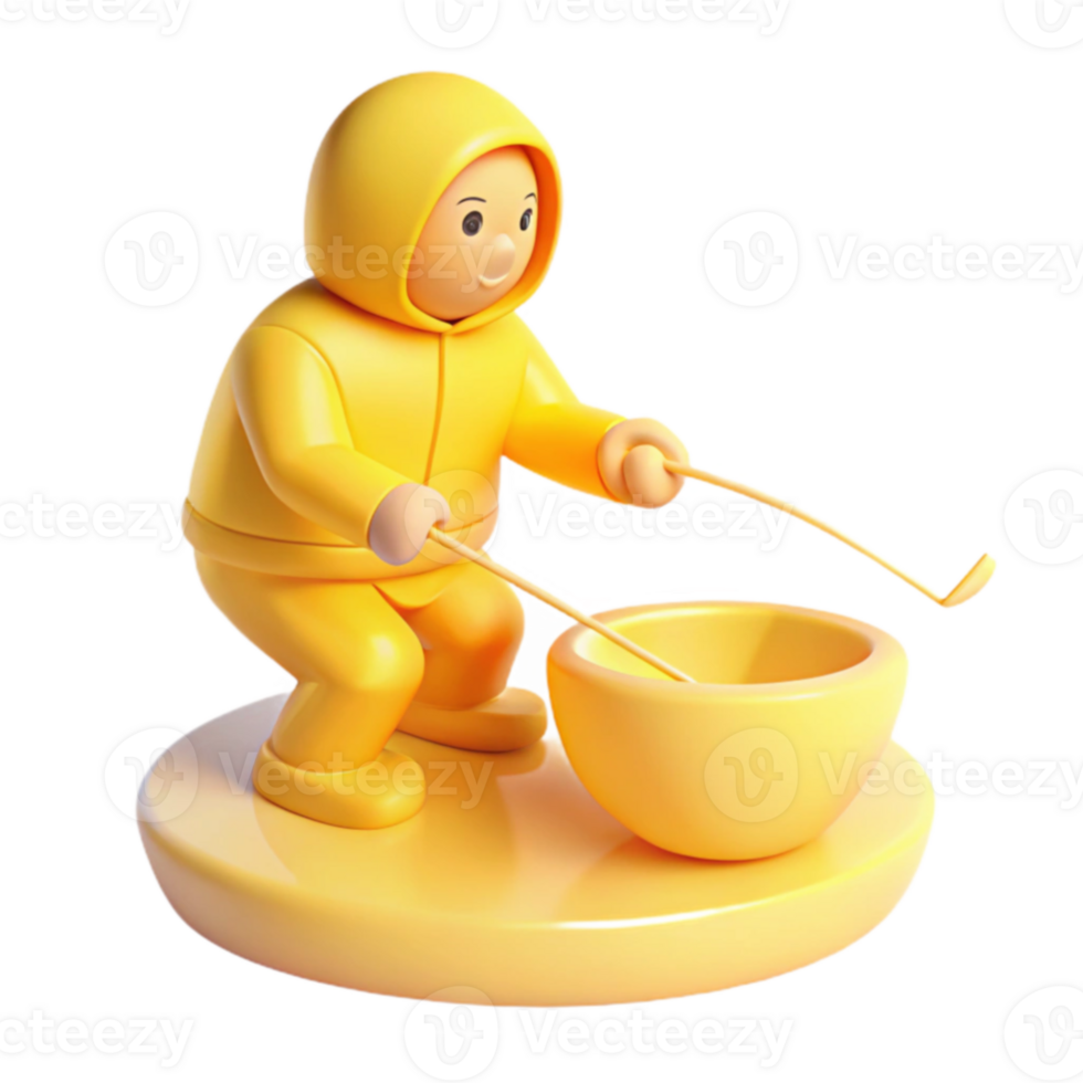 3D Illustration of a Cartoon Figure in a Yellow Suit Using a Stick to Stir a Bowl png