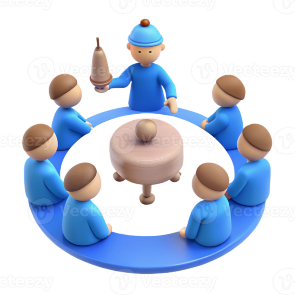Group of 3D Characters Sitting Around a Table and Listening to a Presentation png