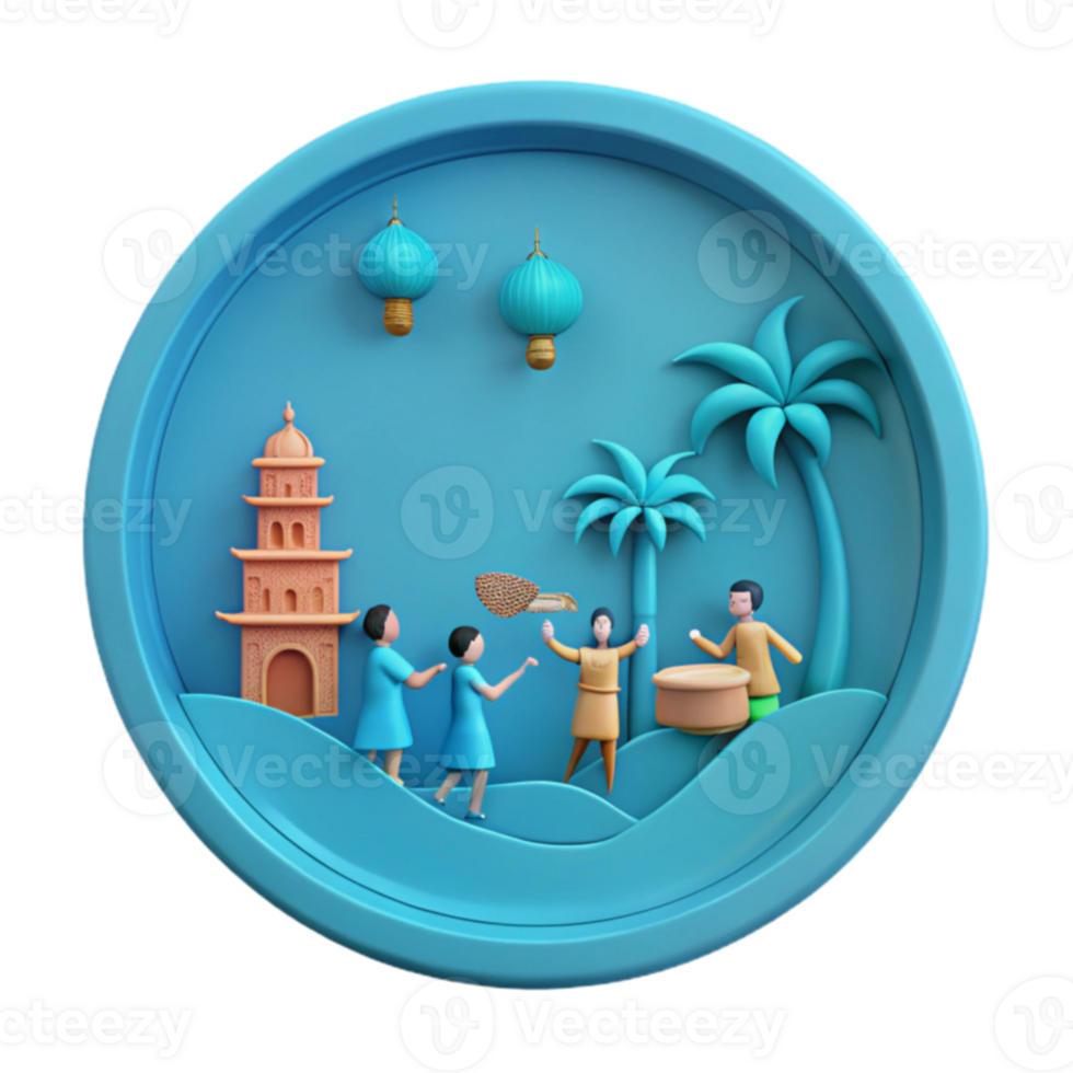 3D Rendered Scene with People, Palm Trees, and Lanterns png