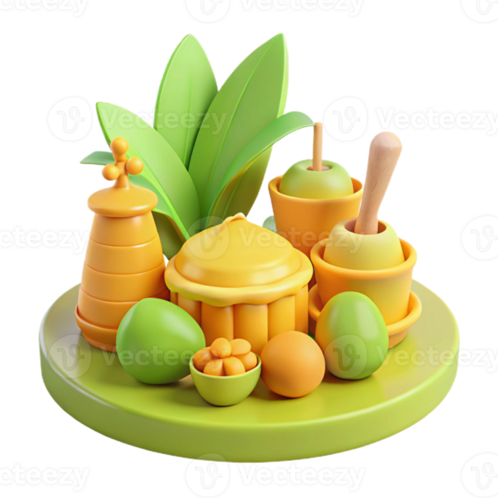 3D Rendered Still Life of Fruit, Kitchen Utensils, and Green Plants png