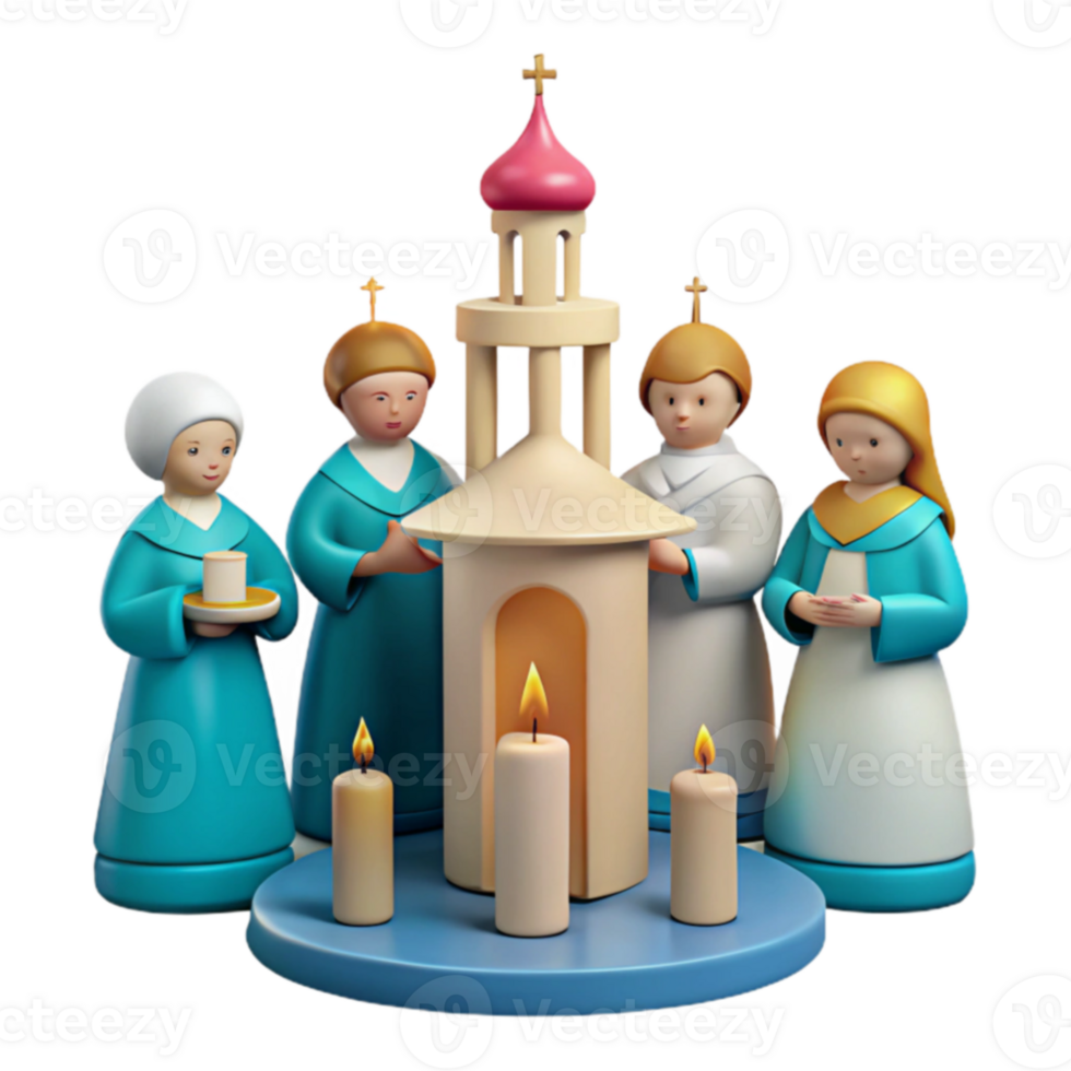 3D Render of People Surrounding Church with Lit Candles png