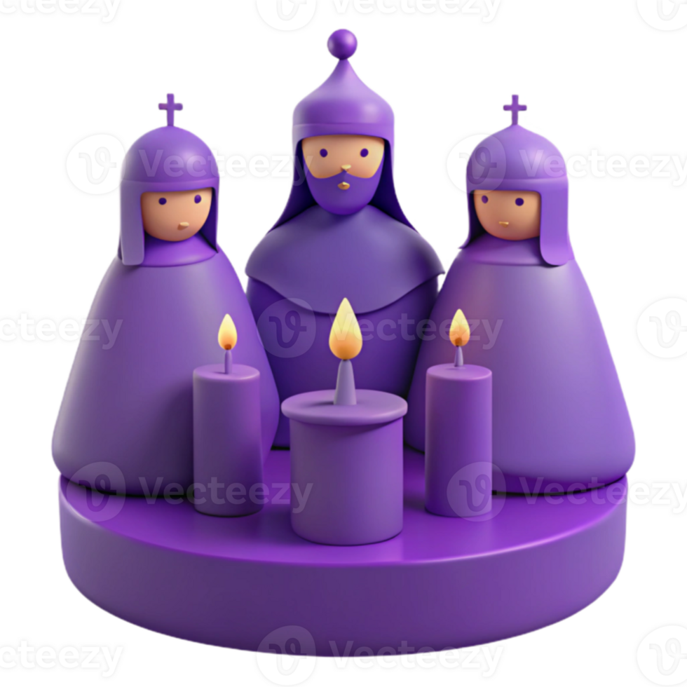 Purple 3D Render of Religious Figures with Candles png