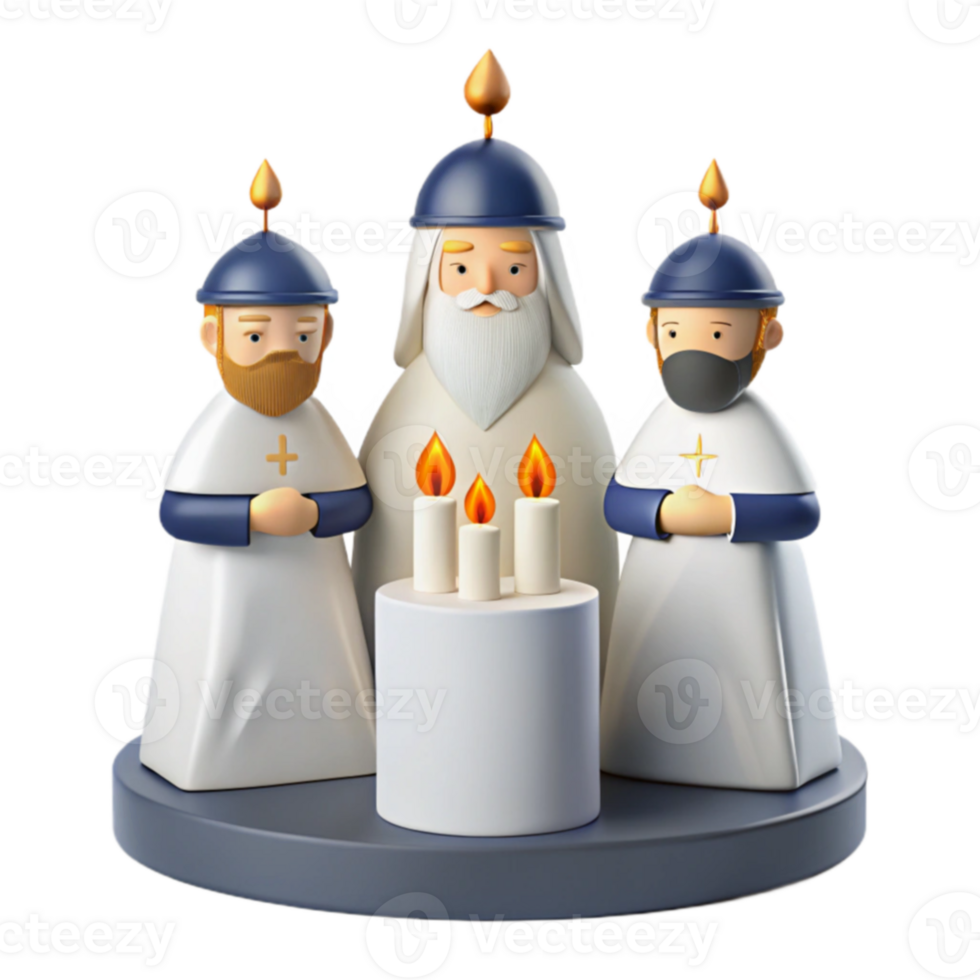 Three Figures in Robes and Hats Standing Around Burning Candles png