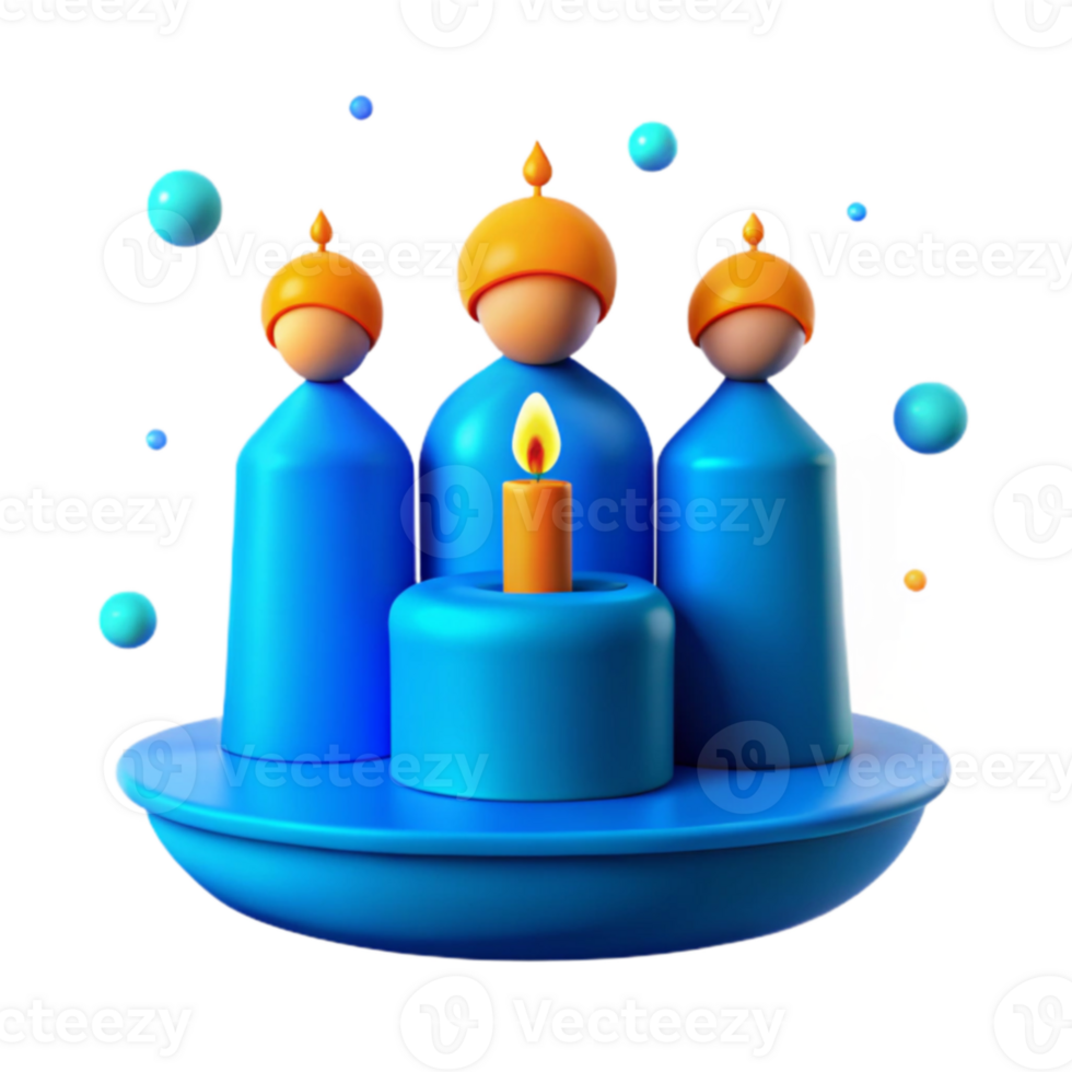3D Illustration of Three Figures with a Candle on a Blue Platform png