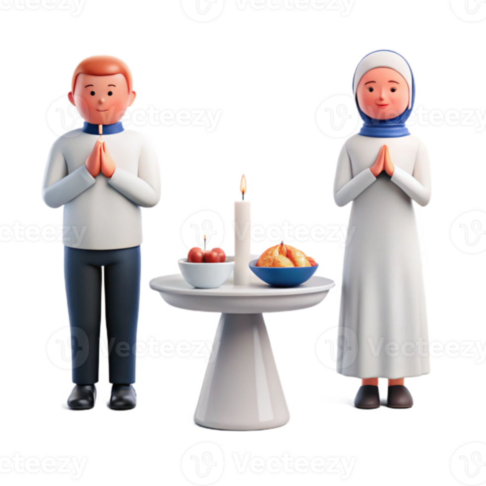 3D Illustration of a Man and Woman Praying with Candle and Food png