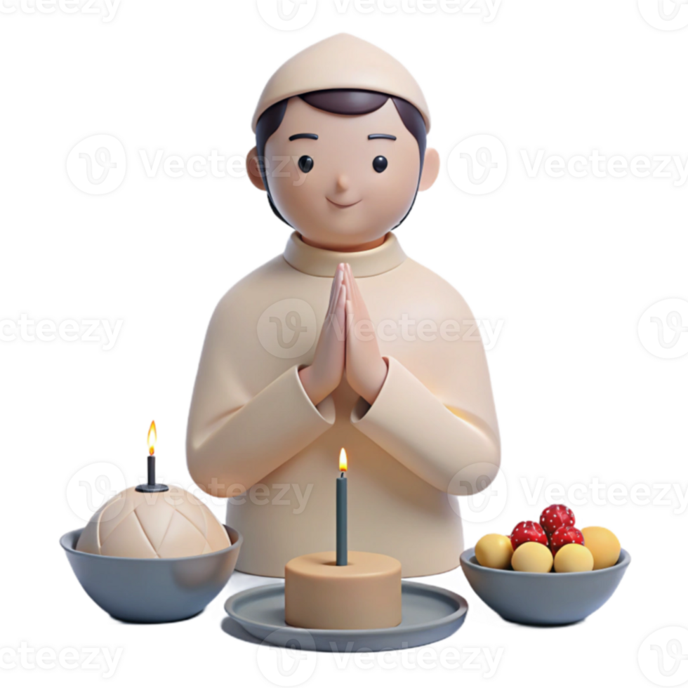 3D Illustration of a Person Praying with Candles and Fruit png