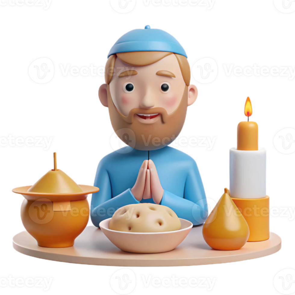 3D Cartoon Man Praying with Candle and Food png