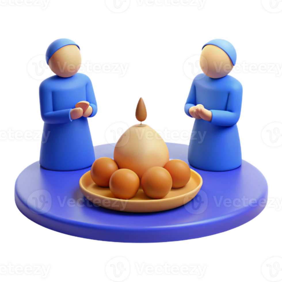 3D Render of Two Figures Praying Around a Candle and Eggs png