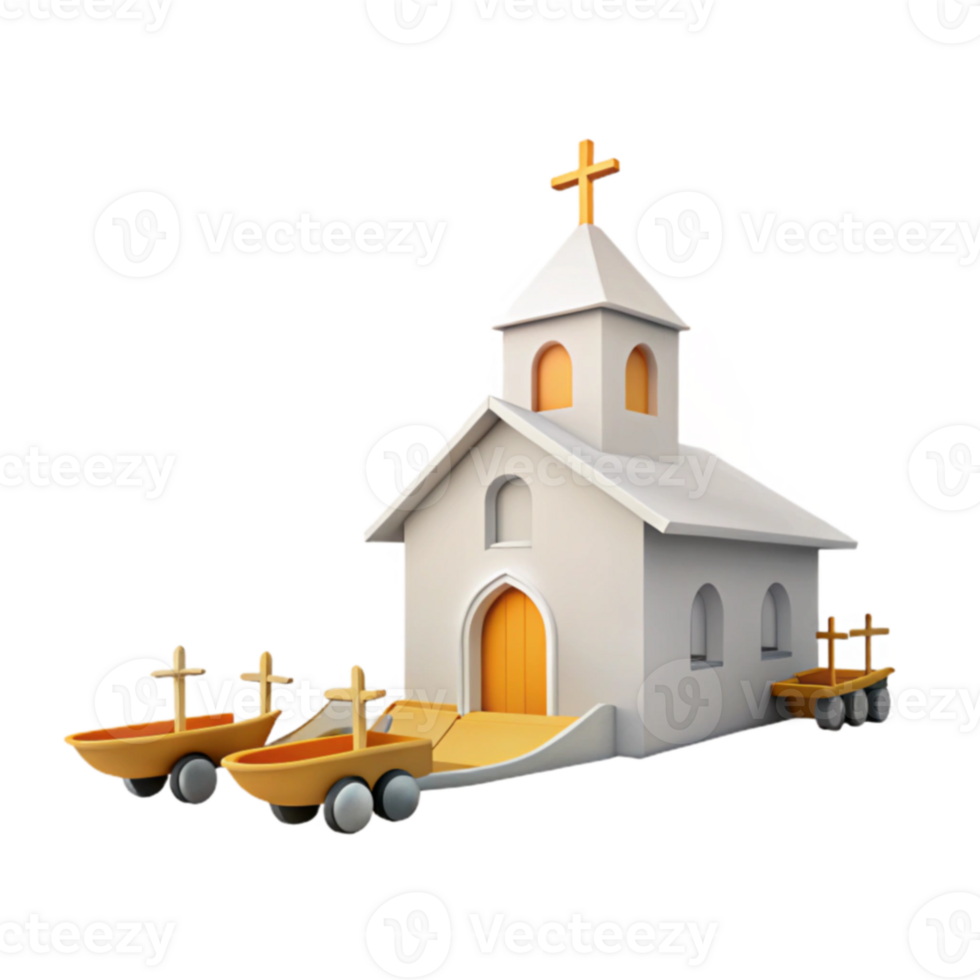 White Church Building on Wheels with Crosses png