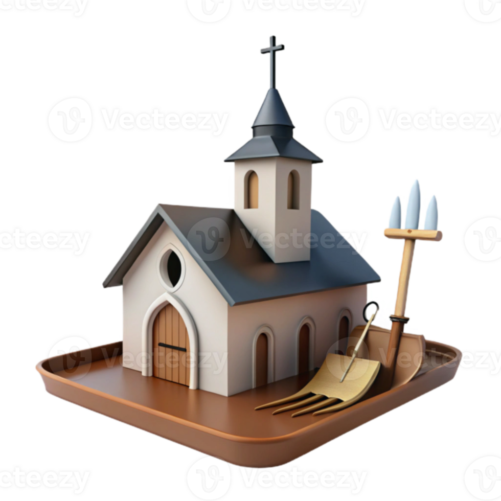 3D Church with a Wooden Pitchfork on a Platform png