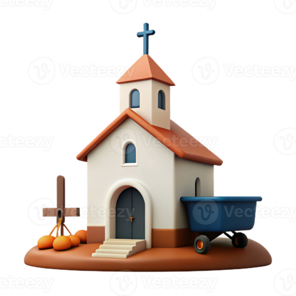 3D Render of a Small Church with a Wheelbarrow png