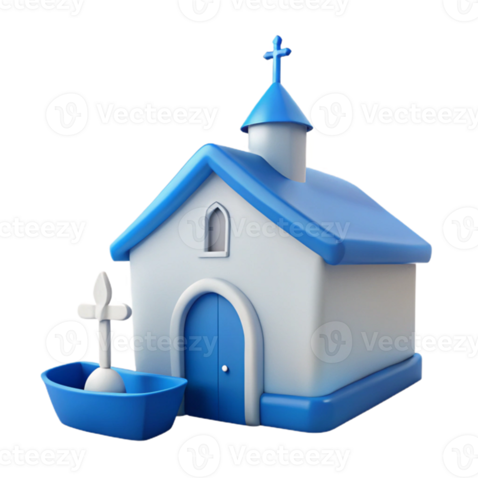 3D Model of a Blue and White Church with a Cross on Top png